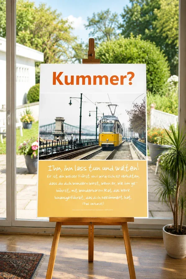 Hochwertiges Produktfoto des christlichen Posters u201eKummer? u2013 Ihn, ihn lass tun und walten!u201c von Edition Katzenstein im Format DIN A2 in einem hellen Wohnzimmer mit Blick in einen gepflegten Garten.