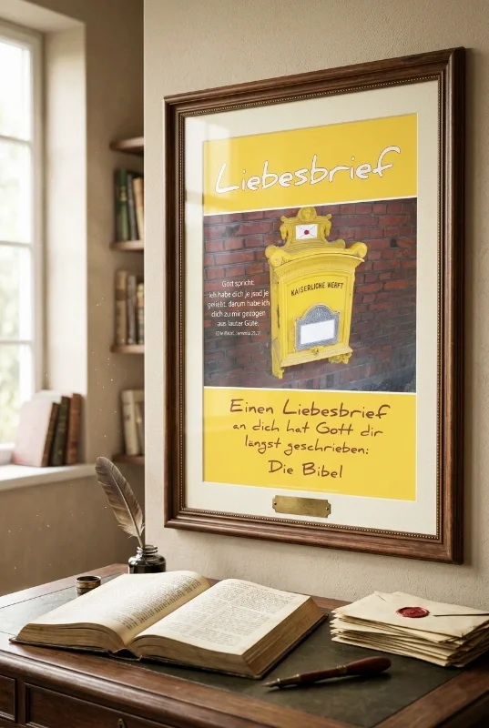 Hyperrealistisches Produktfoto eines gerahmten A2-Posters im Hochformat mit dem Titel „Liebesbrief von Gott“. Das Poster hängt in einem dunklen Holzrahmen an einer beigen Wand über einem antiken Schreibtisch. Auf dem Tisch liegen eine aufgeschlagene Bibel, ein Federkiel und Briefe mit rotem Siegel.