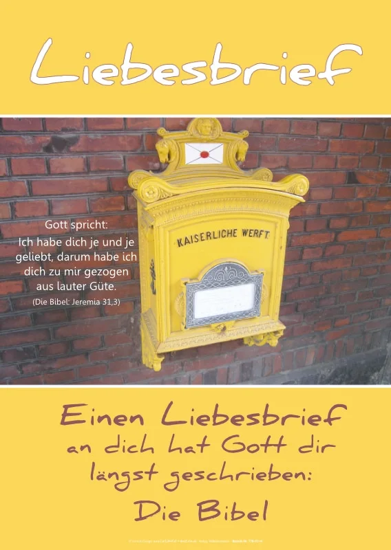 Christliches Poster im A2 Hochformat mit dem Titel „Liebesbrief“. Das gelbe Design zeigt das Foto eines historischen Postkastens der Kaiserlichen Werft Wilhelmshaven sowie den Bibelvers Jeremia 31,3: „Ich habe dich je und je geliebt“.