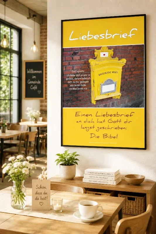 Christliches A2 Poster Liebesbrief mit gelbem historischem Briefkasten und Bibelvers aus Jeremia 31,3 in einem modernen Gemeindecafé an einer hellen Wand.