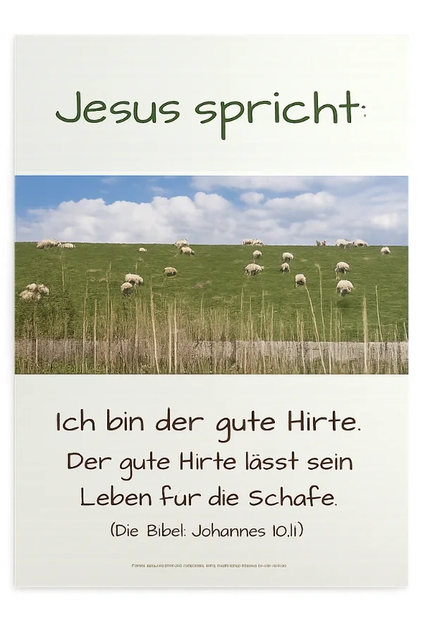 Freigestelltes christliches DIN-A2-Hochformat-Poster „Jesus spricht: Ich bin der gute Hirte“ mit Schafherde auf einem grünen Deich und Bibelvers aus Johannes 10,11 vor einem dezenten sandfarbenen Studiohintergrund.