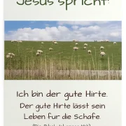 Freigestelltes christliches DIN-A2-Hochformat-Poster „Jesus spricht: Ich bin der gute Hirte“ mit Schafherde auf einem grünen Deich und Bibelvers aus Johannes 10,11 vor einem dezenten sandfarbenen Studiohintergrund.