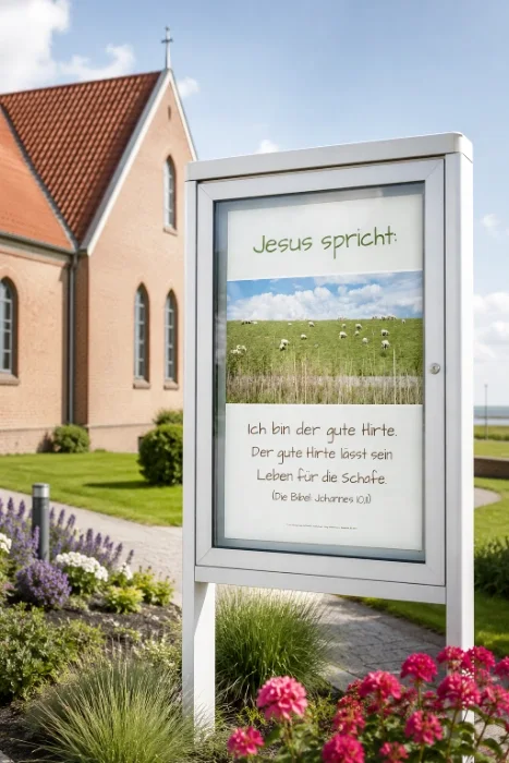 Christliches DIN-A2-Hochformat-Poster „Jesus spricht: Ich bin der gute Hirte“ mit Johannes 10,11 in einem modernen Aluminium-Gemeindeschaukasten vor einer evangelisch-lutherischen Kirche an der Nordseeküste.