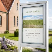 Christliches DIN-A2-Hochformat-Poster „Jesus spricht: Ich bin der gute Hirte“ mit Johannes 10,11 in einem modernen Aluminium-Gemeindeschaukasten vor einer evangelisch-lutherischen Kirche an der Nordseeküste.