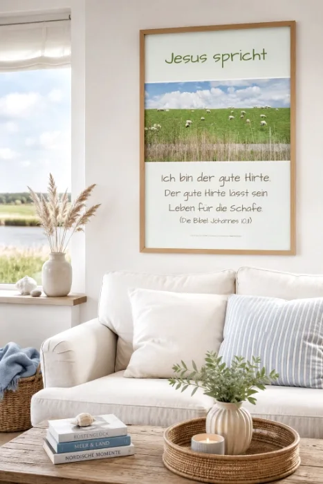 Christliches DIN-A2-Hochformat-Poster „Jesus spricht: Ich bin der gute Hirte“ über einem modernen Sideboard im friesischen Wohnstil mit maritimer Einrichtung.