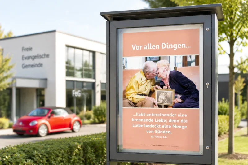 Christliches DIN A2 Poster mit 1. Petrus 4,8 in einem modernen Schaukasten vor einer Freien Evangelischen Gemeinde. Im Hintergrund sind ein modernes Gemeindegebäude und ein rotes New Beetle Cabrio zu sehen.