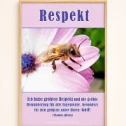 Christliches DIN-A2-Hochformat-Poster „Respekt“ mit Makroaufnahme einer Honigbiene auf einer rosafarbenen Blüte und inspirierendem Thomas-Edison-Zitat in einem modernen Rahmen aus hellem Eichenholz.