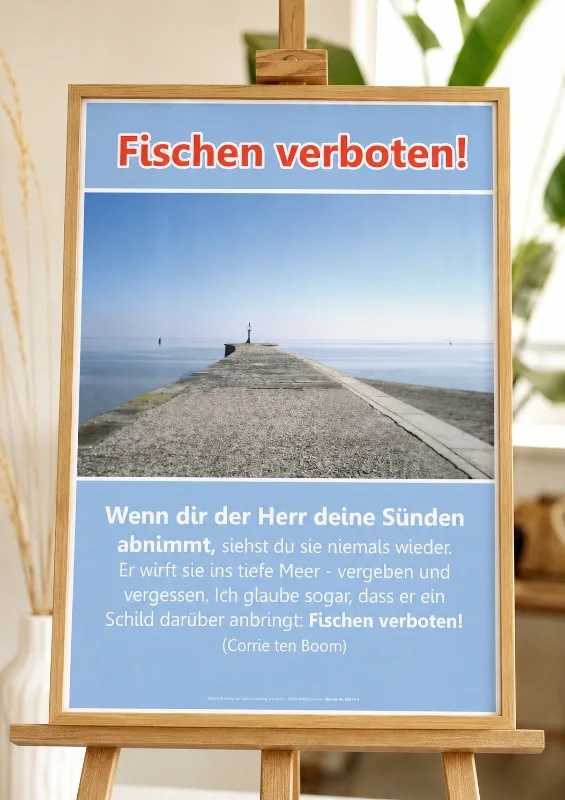 Christliches Poster: Fischen verboten! (Corrie ten Boom) Christliches Hochformat-Poster mit dem Zitat von Corrie ten Boom über Vergebung und dem Schild-Motiv Fischen verboten am Meer.