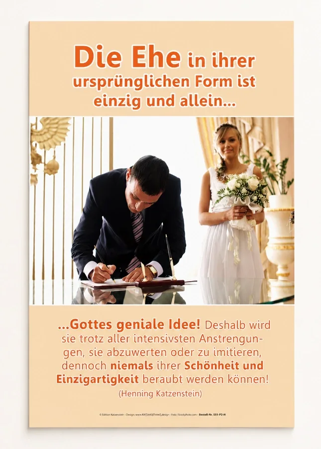 Christliches DIN A2 Poster von Edition Katzenstein über die Ehe als Gottes geniale Idee. Das Motiv zeigt ein Brautpaar während der standesamtlichen Trauung und vermittelt ein biblisches Verständnis von Ehe und Treue.
