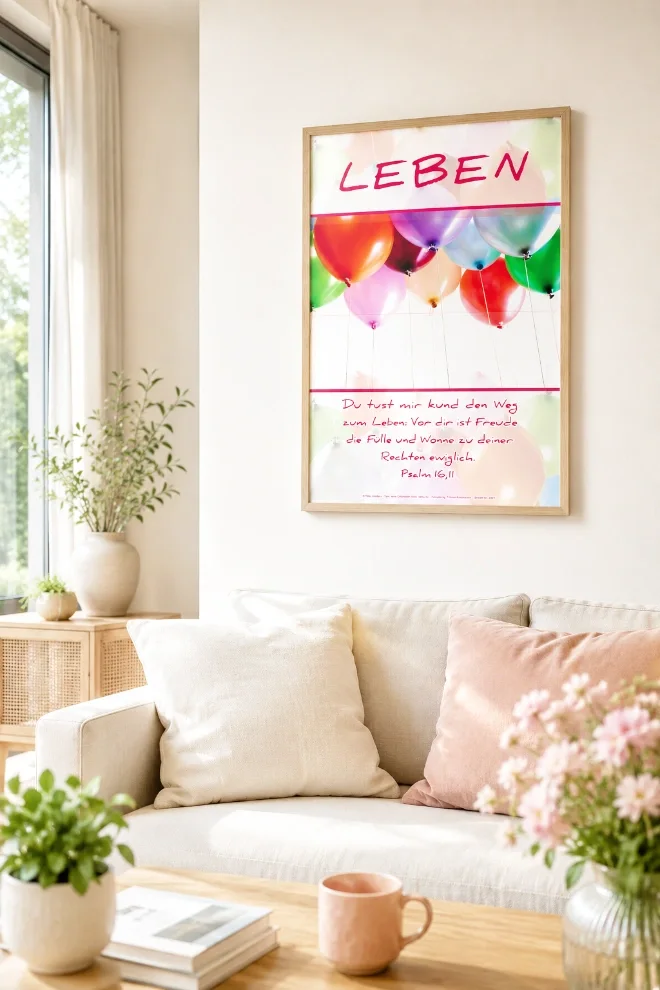 Christliches DIN-A2-Hochformat-Poster „Leben“ mit bunten Luftballons und Psalm 16,11 als Wanddekoration in einem hellen skandinavischen Wohnzimmer.