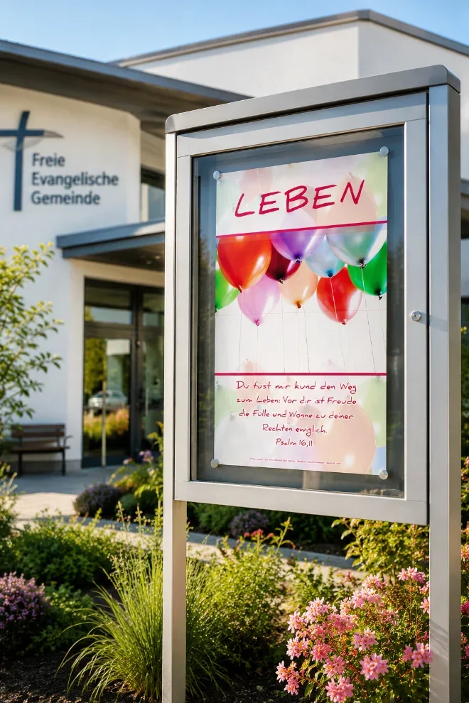 Christliches DIN-A2-Hochformat-Poster „Leben“ mit bunten Luftballons und Psalm 16,11 in einem modernen Gemeindeschaukasten vor einer evangelisch-freikirchlichen Gemeinde.