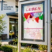 Christliches DIN-A2-Hochformat-Poster „Leben“ mit bunten Luftballons und Psalm 16,11 in einem modernen Gemeindeschaukasten vor einer evangelisch-freikirchlichen Gemeinde.