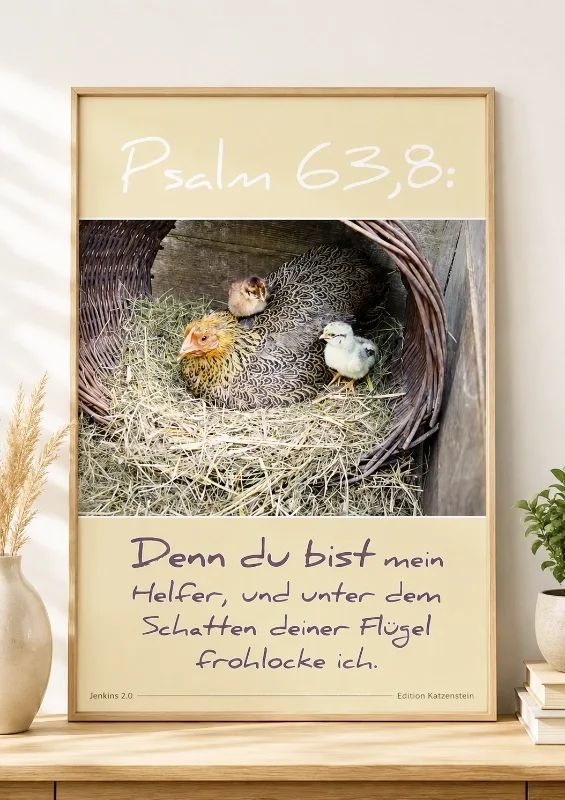 Christliches DIN-A2-Poster mit Psalm 63,8. Eine Henne schützt ihre Küken im Stroh als Symbol für Geborgenheit und Gottes Schutz. Hochwertiges Produktfoto im hellen Naturholzrahmen von Edition Katzenstein.
