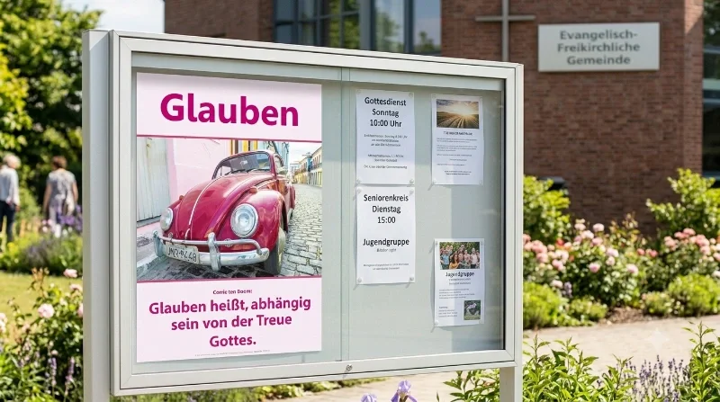 Christliches DIN A2 Poster Glauben von Corrie ten Boom mit rotem VW Käfer in einer bunten Altstadt-Straße