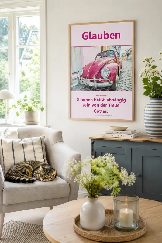 Christliches DIN-A2-Hochformat-Poster „Glauben“ mit himbeerfarbenem VW Käfer und Zitat von Corrie ten Boom in einem hellen dänisch-skandinavischen Wohnzimmer. Eine getigerte Hauskatze schläft entspannt auf einem Sessel.