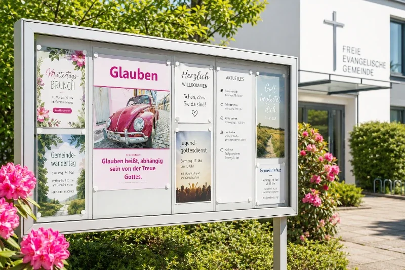 Christliches DIN-A2-Hochformat-Poster „Glauben“ mit VW Käfer und dem Zitat von Corrie ten Boom in einem modernen Aluminium-Gemeindeschaukasten vor einer evangelisch-freikirchlichen Gemeinde in Deutschland.