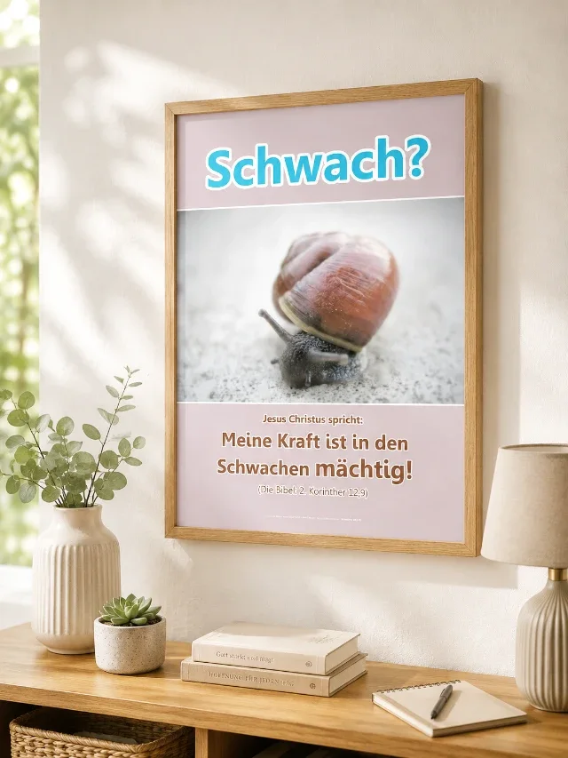Gerahmtes christliches Poster im DIN-Format mit einer Schnecke als Motiv und dem Bibelvers: 'Schwach? Jesus Christus spricht: Meine Kraft ist in den Schwachen mächtig!' aus 2. Korinther 12,9
