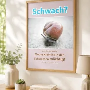 Gerahmtes christliches Poster im DIN-Format mit einer Schnecke als Motiv und dem Bibelvers: 'Schwach? Jesus Christus spricht: Meine Kraft ist in den Schwachen mächtig!' aus 2. Korinther 12,9