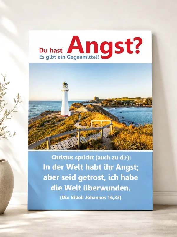 Christliches DIN-A2-Hochformat-Poster „Angst? Es gibt ein Gegenmittel!“ mit Leuchtturm und Bibelvers aus Johannes 16,33 als hochwertige Wanddekoration der Edition Katzenstein.