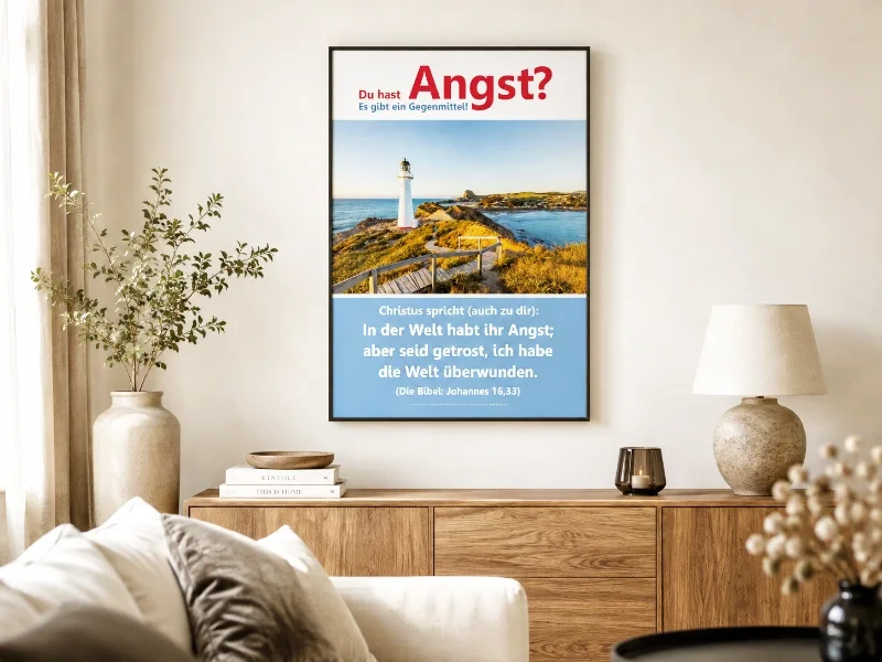 Christliches DIN-A2-Hochformat-Poster „Angst? Es gibt ein Gegenmittel!“ mit Leuchtturm und Bibelvers aus Johannes 16,33 in einem modernen, hellen Wohnzimmer mit skandinavischer Einrichtung.