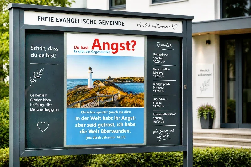 Christliches DIN-A2-Hochformat-Poster „Angst? Es gibt ein Gegenmittel!“ mit Johannes 16,33 in einem modernen Gemeindeschaukasten vor einer evangelisch-freikirchlichen Gemeinde in Deutschland.