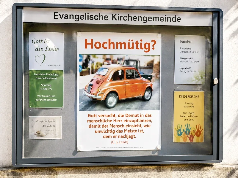 Modern gestalteter Gemeindeschaukasten mit dem christlichen DIN-A2-Hochformat-Poster „Hochmütig?“ von Edition Katzenstein. Das Poster zeigt einen klassischen Fiat 500 und ein inspirierendes Zitat von C. S. Lewis über Demut.