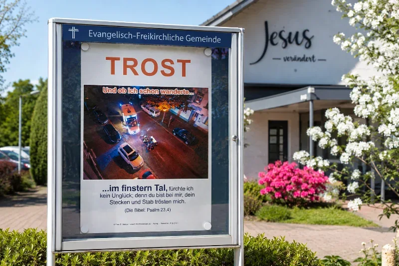 Christliches DIN-A2-Hochformat-Poster „Trost“ mit Psalm 23,4 in einem modernen Gemeindeschaukasten vor einer evangelisch-freikirchlichen Gemeinde in Deutschland.