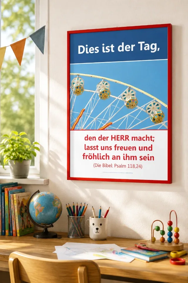 Christliches A2 Poster „Dies ist der Tag“ mit Riesenrad und Psalm 118,24 in einem modernen Kinderzimmer mit rotem Bilderrahmen.