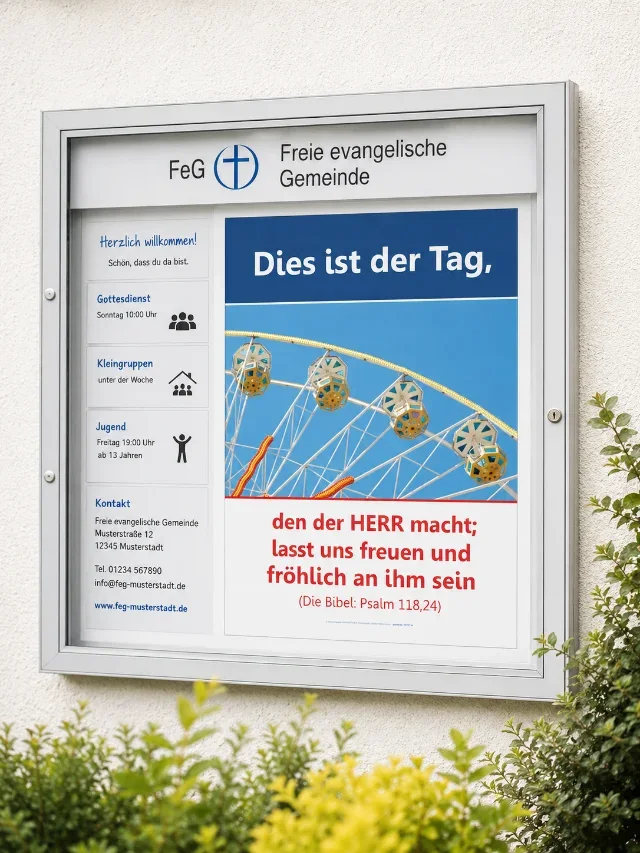Christliches A2-Schaukastenposter „Dies ist der Tag“ mit Psalm 118,24 im Schaukasten einer Freien evangelischen Gemeinde in Deutschland.