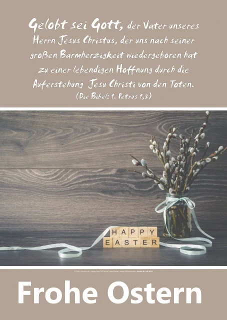 Zarte Weidenkätzchen im warmen Frühlingslicht mit Ostergruß und Bibelvers aus 1. Petrus 1,3 über lebendige Hoffnung und Auferstehung Jesu Christi