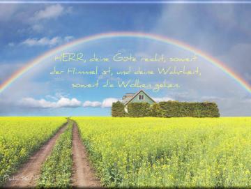 Christlicher Leinwanddruck: Regenbogen über Rapsfeld - Landschaftsmotiv