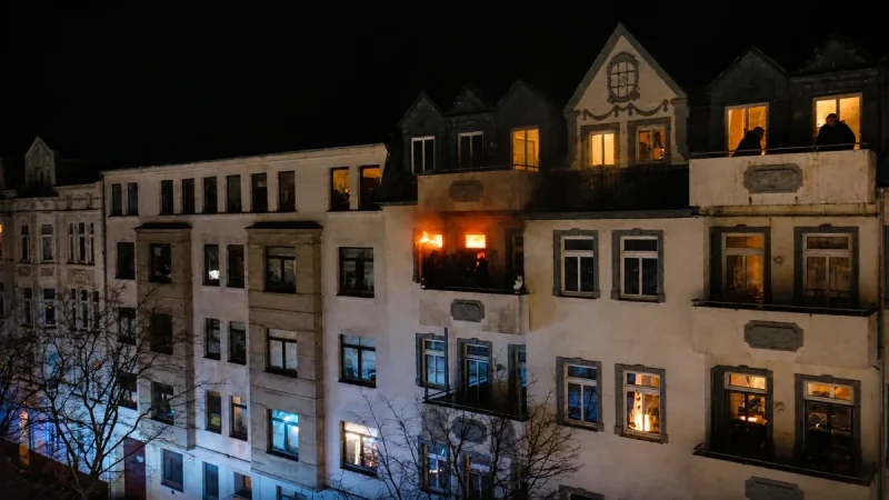 Ein mehrstöckiges Wohnhaus bei Nacht, bei dem aus einer Wohnung im Obergeschoss helle Flammen schlagen. Auf dem Nachbarbalkon beobachten zwei als Silhouetten erkennbare Personen das Feuer. Das Bild ist das Motiv der Edition Katzenstein zur Jahreslosung 2027.