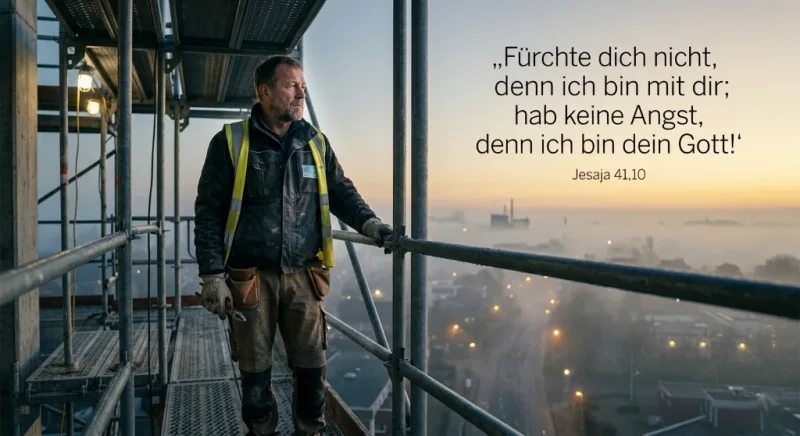 Bauarbeiter auf Gerüst eines Hochhauses am frühen Morgen, Auslegung zur Jahreslosungt 2027