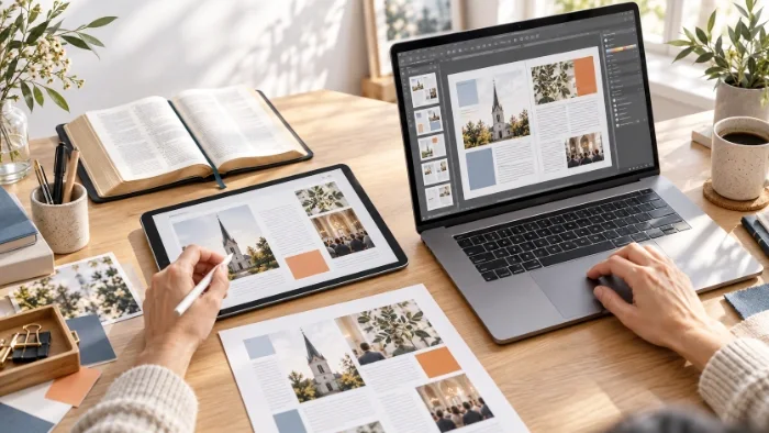 Gemeindebrief zur Jahreslosung 2027 auf Laptop, Tablet und Papier neben einer aufgeschlagenen Bibel