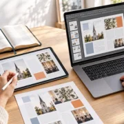 Gemeindebrief zur Jahreslosung 2027 auf Laptop, Tablet und Papier neben einer aufgeschlagenen Bibel