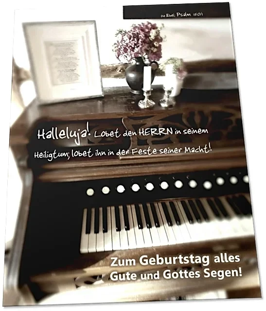 Christliche Geburtstagskarte: Antikes Harmonium