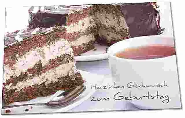 Geburtstagskarte: Tortenstück mit Tasse Tee