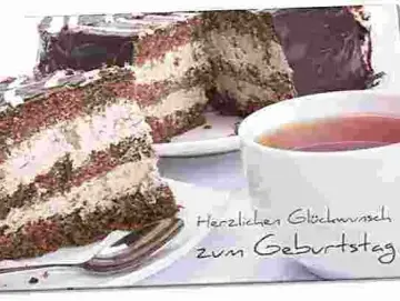 Geburtstagskarte: Tortenstück mit Tasse Tee