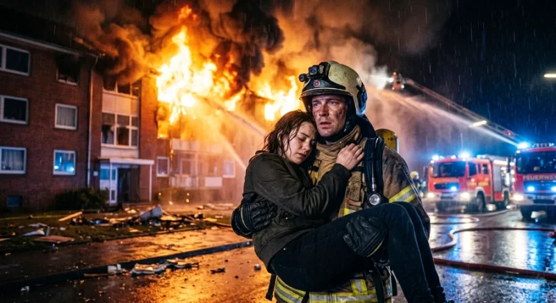 Ein Feuerwehrmann in voller Schutzkleidung trägt eine erschöpfte Person aus einem brennenden Haus während einer kalten Winternacht, Symbol für Gottes Beistand mitten im Feuer nach Jesaja 41,10.