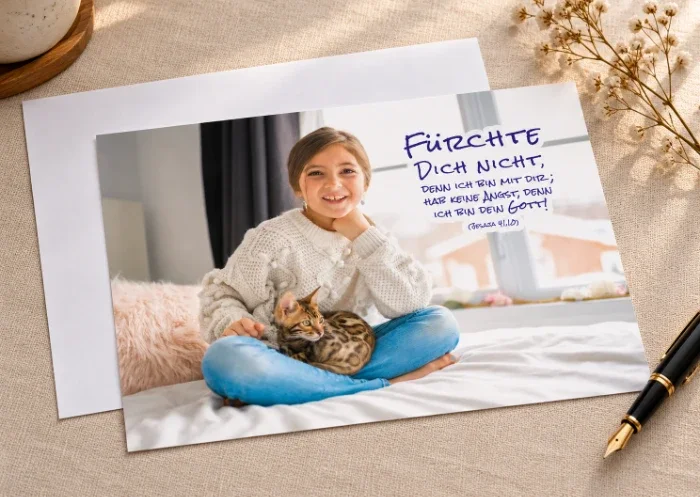 Jahreslosung 2027 – DIN-A3-Poster auf dem Leinentischtuch auf Tisch DIN-A4-Poster zur Jahreslosung 2027 mit Mädchen und Katze auf einem hellen Leinentisch