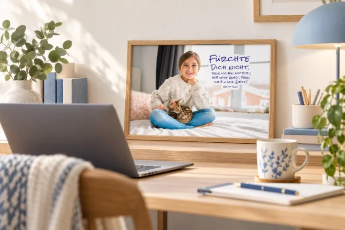 Poster Jahreslosung 2027 DIN A4 am Schreibtisch Kleinformatiges Poster zur Jahreslosung 2027 mit Mädchen und Katze im Holzrahmen über einem Schreibtisch