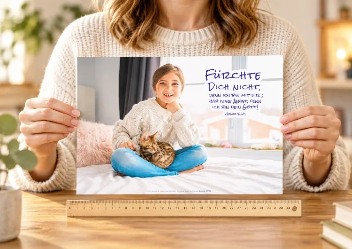 Jahreslosungsposter DIN A4 in den Händen - Fotodesign Edition Katzenstein Frau hält das DIN-A4-Poster zur Jahreslosung 2027 mit Mädchen und Katze vor sich