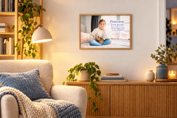 Poster zur Jahreslosung 2027 in einer gemütlichen Leseecke - DIN A2 Gerahmtes DIN-A2-Poster mit Mädchen, Katze und Jesaja 41,10 über einer Anrichte in einer modernen Leseecke