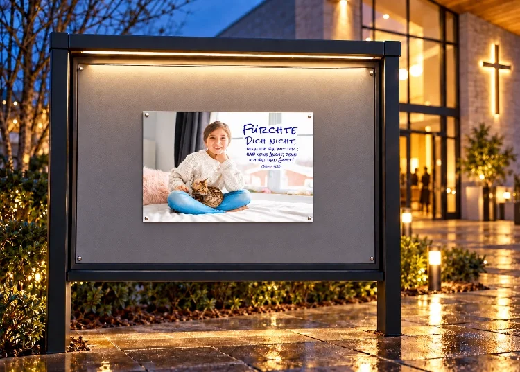 Plakat A2 Jahreslosung 2027 im beleuchteten Kirchenschaukasten A2-Poster zur Jahreslosung 2027 mit Mädchen und Katze in einem beleuchteten Schaukasten vor einer Gemeinde