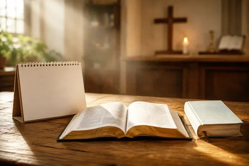 Offene Bibel auf Holztisch neben Kalender und Andachtsbuch im warmen Morgenlicht als Symbol für Jahreslosung und tägliche geistliche Losungen.