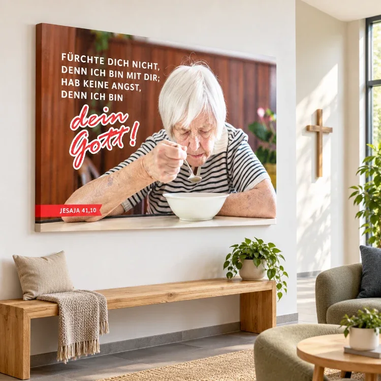 Leinwandbild Jahreslosung 2027 – Du bist nicht allein im Foyer einer Kirche Großes Leinwandbild zur Jahreslosung 2027 mit Seniorin beim Essen über einer Holzbank in einem hellen kirchlichen Foyer.