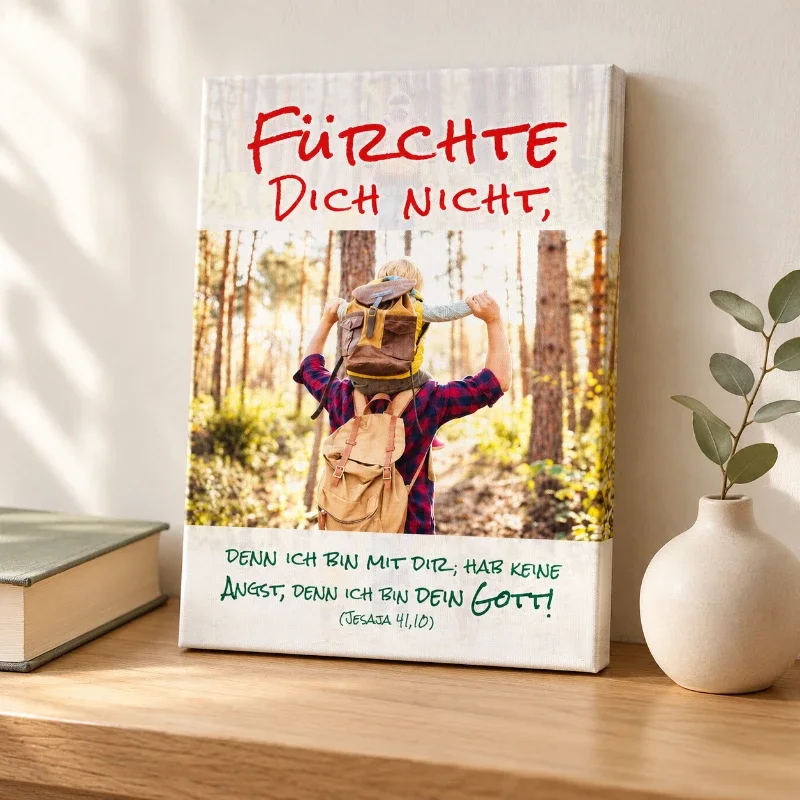 Jahreslosung 2027 – Kleines Leinwandbild als christliches Geschenk Kleines Leinwandbild mit Vater-Sohn-Motiv und Jesaja 41,10, auf einer Holzkonsole zwischen einem Buch und einer Vase.