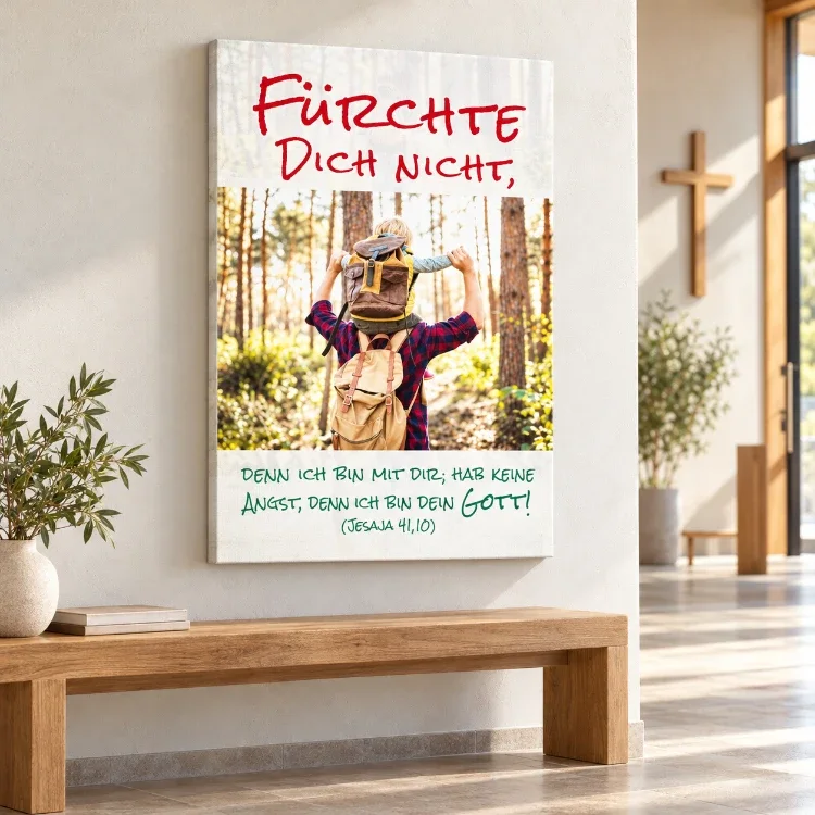Leinwandbild Jahreslosung 2027 – Vater-Sohn-Motiv im Kirchenfoyer Leinwandbild Jahreslosung 2027 mit Vater und Sohn über einer Holzbank im hellen Kirchenfoyer, seitlich ein Holzkreuz.