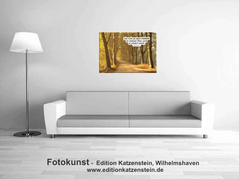 Leinwanddruck der Baumallee mit Bibelvers ‚Ich rufe zu dem HERRN in meiner Not, und er hört mich.‘ an der Wand über Sofa und Stehlampe – eingerichteter Musterraum