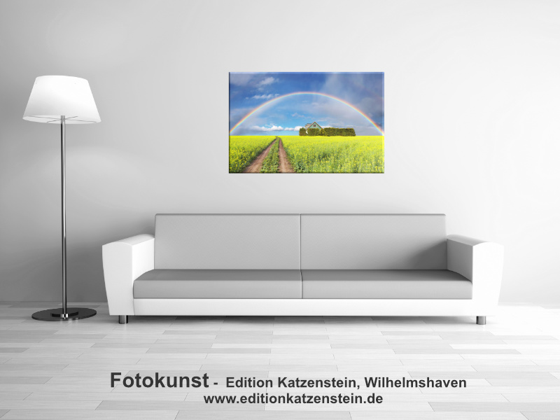 Leinwanddruck: Regenbogen über Rapsfeld tolles Landschaftsmotiv